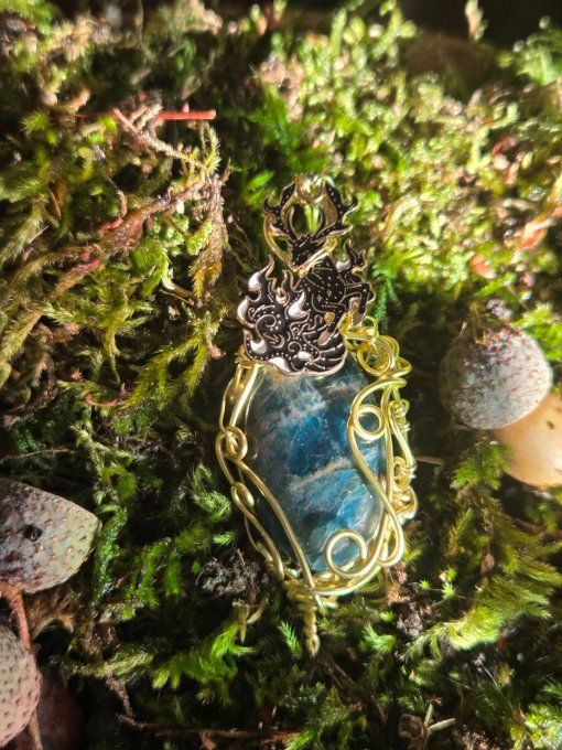 ✨Apatite Bleue -pendentif amulette or coeur cuivre 