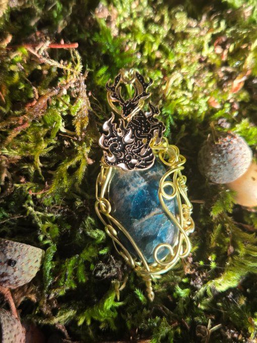 ✨Apatite Bleue -pendentif amulette or coeur cuivre 