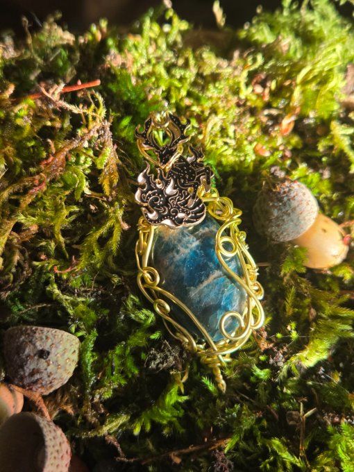 ✨Apatite Bleue -pendentif amulette or coeur cuivre 