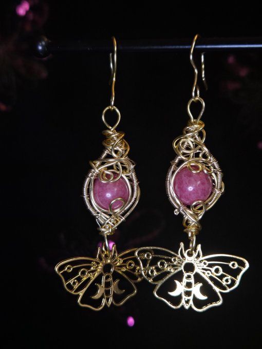 Boucle d’oreille or Rhodonite , soin du coeur 
