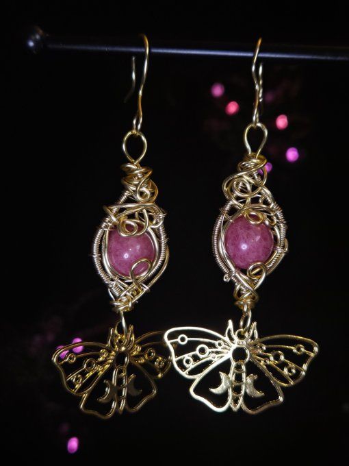 Boucle d’oreille or Rhodonite , soin du coeur 