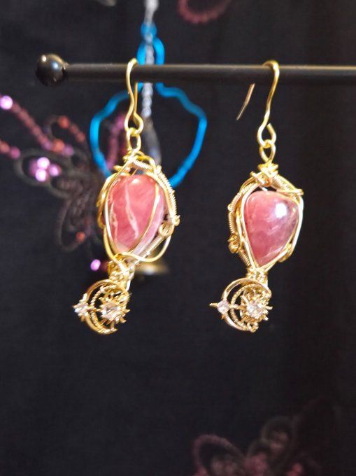 Boucles d’oreille Rhodochrosite  Or– Apaisement, Sérénité & Protection 
