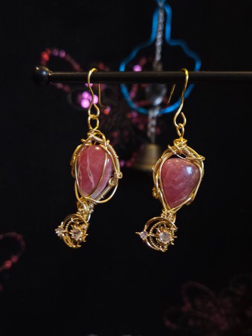 Boucles d’oreille Rhodochrosite  Or– Apaisement, Sérénité & Protection 