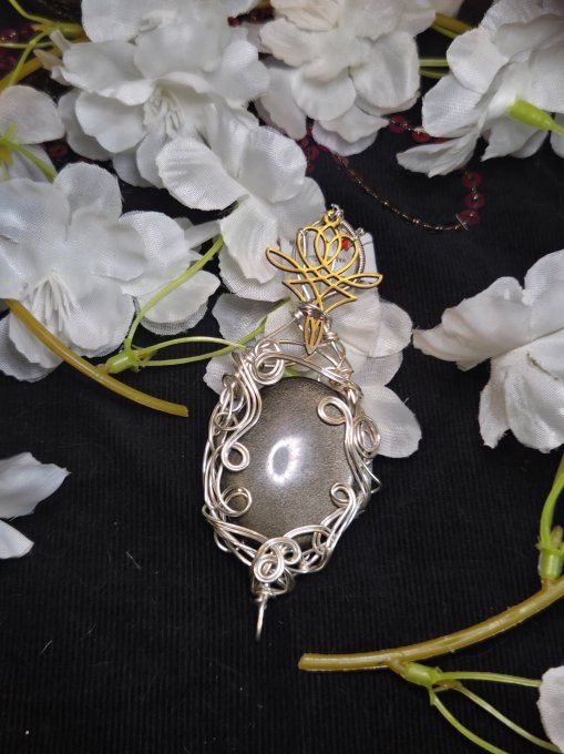  Obsidienne Dorée ( fil argent )✨miroir de protection  