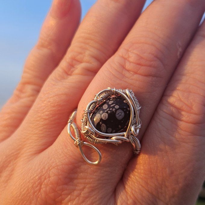 Bague obsidienne neige ajustable