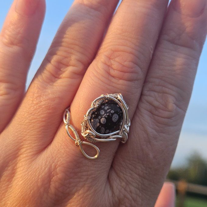 Bague obsidienne neige ajustable