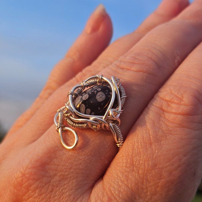 Bague obsidienne neige ajustable