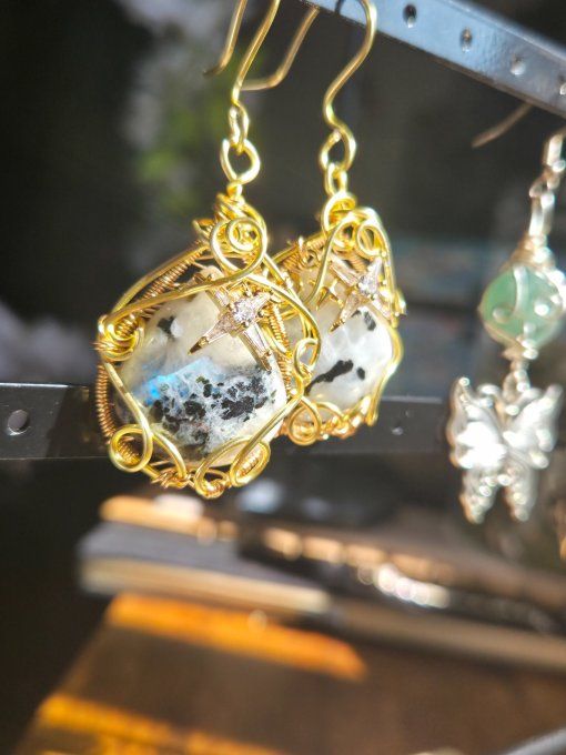 Boucle d’oreille or Pierre de lune ✨ Péristerite ✨