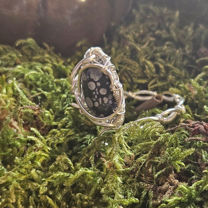 Bague obsidienne neige ajustable