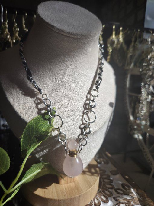 Collier Fiole  parfum ronde  Quartz rose 
