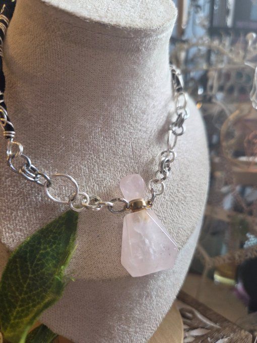 Collier fiole diamant quartz rose 