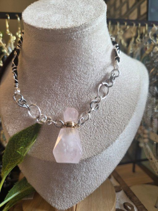 Collier fiole diamant quartz rose 