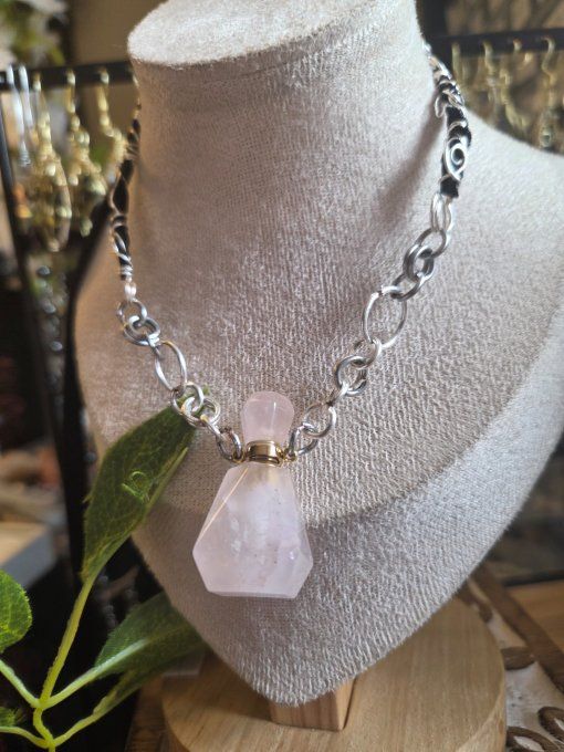 Collier fiole diamant quartz rose 