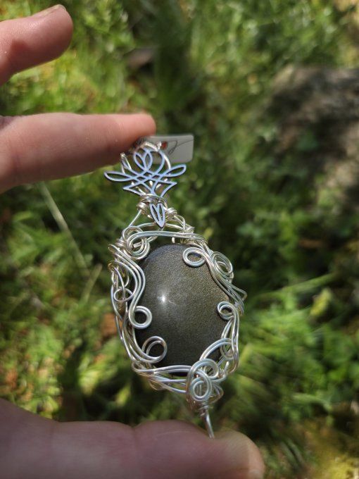 Pendentif Obsidienne Dorée ( fil argent )✨miroir de protection  