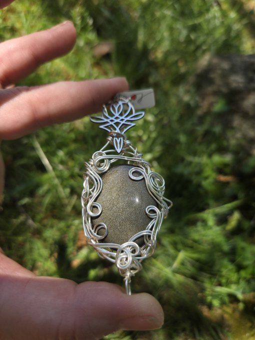 Pendentif Obsidienne Dorée ( fil argent )✨miroir de protection  