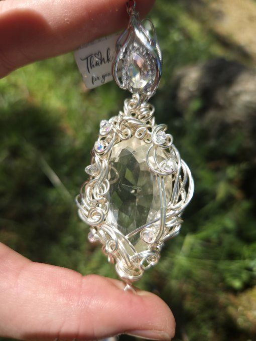 Pendentif Cristal de roche argent , diamant 