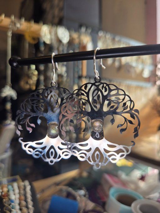 Boucle d’oreille labradorite  - arbre de vie 