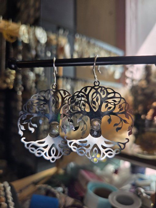 Boucle d’oreille labradorite  - arbre de vie 