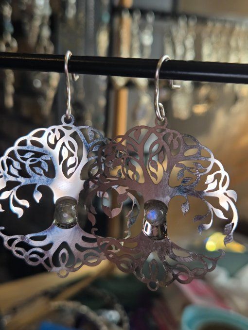 Boucle d’oreille labradorite  - arbre de vie 
