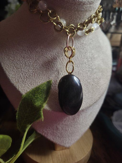 Collier obsidienne dorée loup d’or 