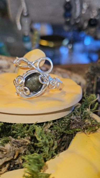 Bague Obsidienne Dorée - Sheen -Ajustable serpentine 