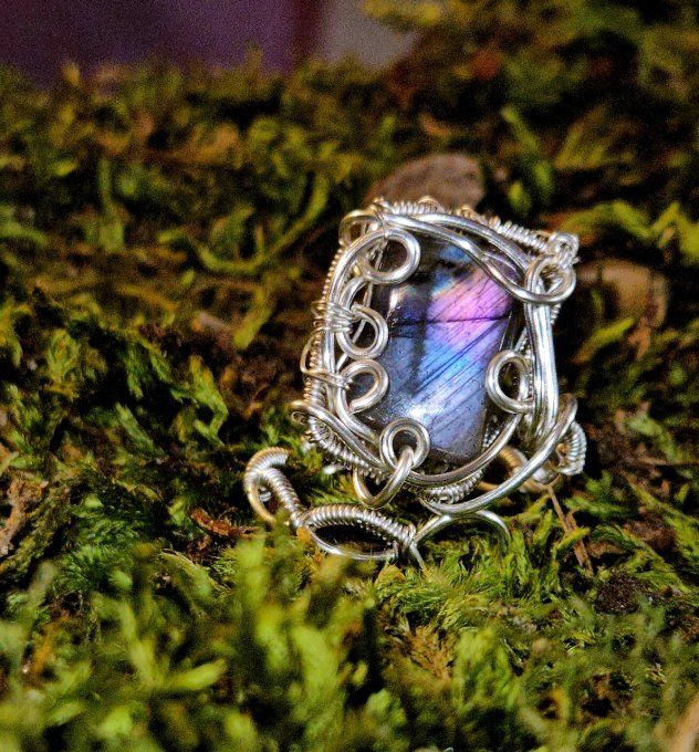 Bague Labradorite spectrolite violet rose -Ajustable Serpentine 
