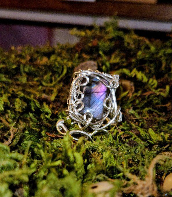 Bague Labradorite spectrolite violet rose -Ajustable Serpentine 