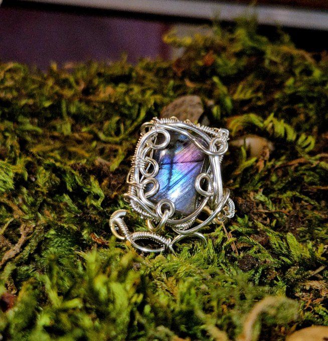 Bague Labradorite spectrolite violet rose -Ajustable Serpentine 