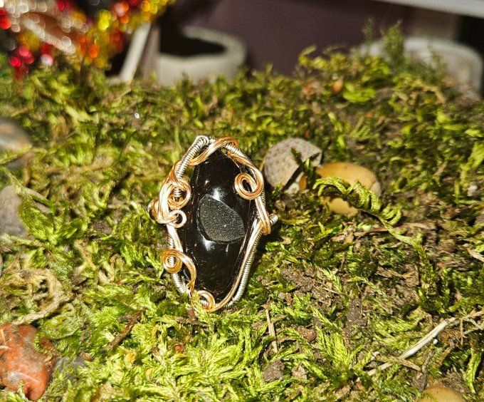 Bague Onyx Noire Druzy - courrone ajustable 