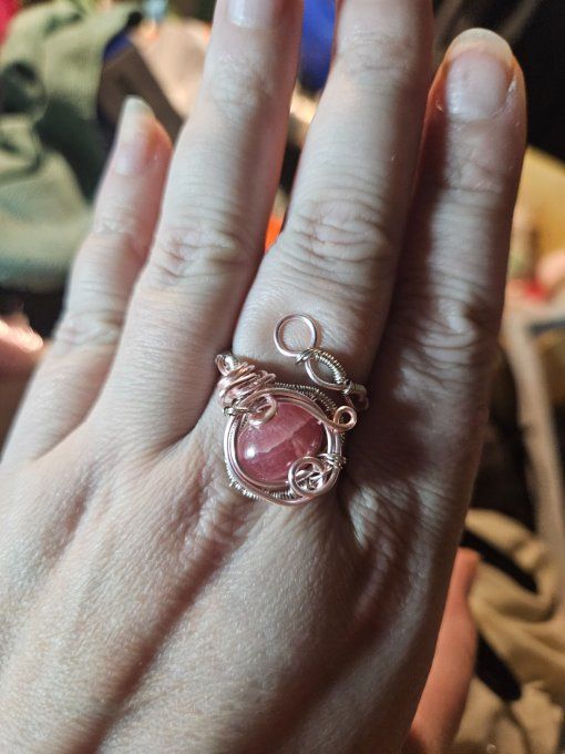 Bague rhodochrosite  - ajustable  patine argent rose