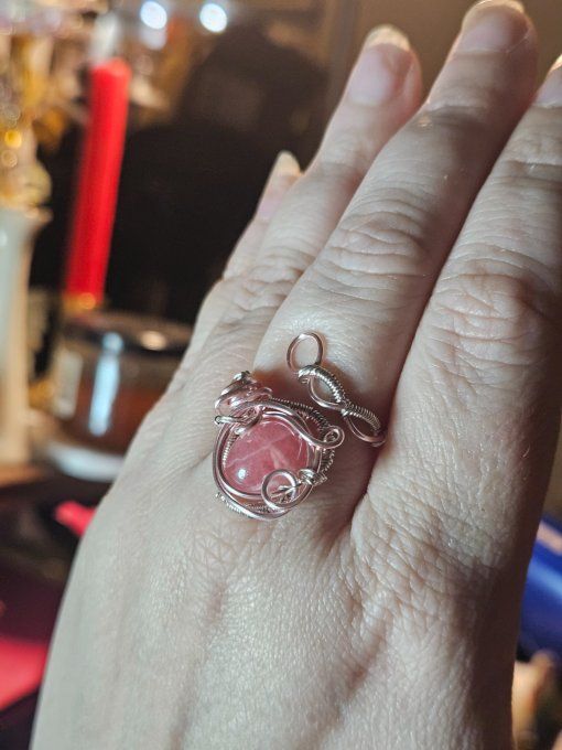 Bague rhodochrosite  - ajustable  patine argent rose