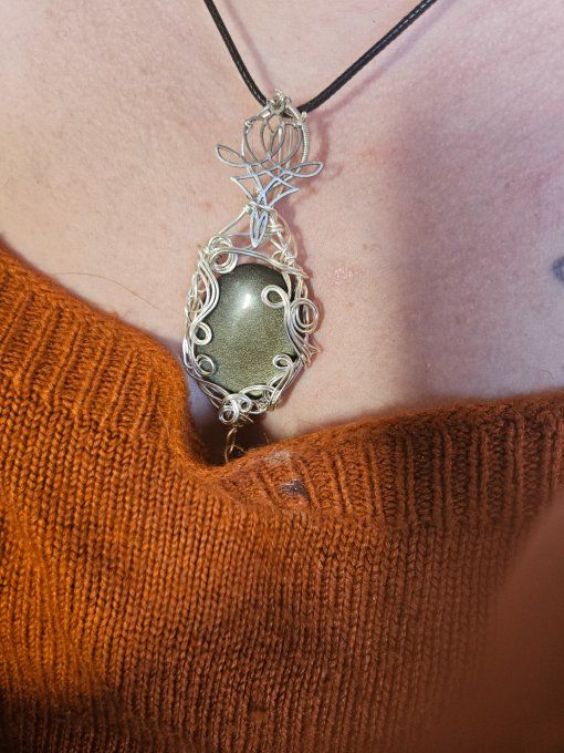  Obsidienne Dorée ( fil argent )✨miroir de protection  