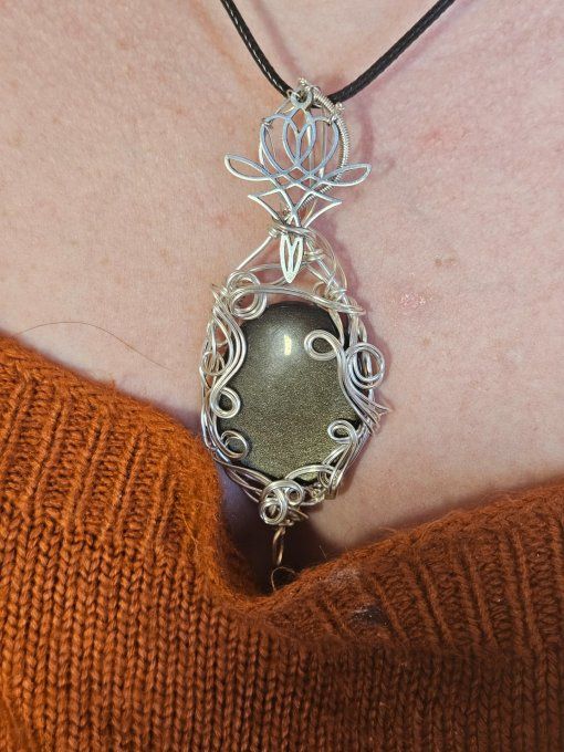  Obsidienne Dorée ( fil argent )✨miroir de protection  