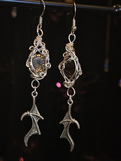 Boucles D’Oreilles Quartz Fumé Facetté – Aile De Dragon   