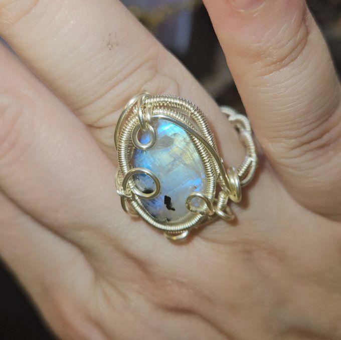 Bague pierre de Lune - peristerite -ajustable 