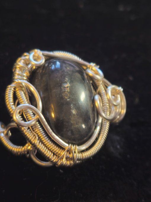 Bague Or Pierre de lune Noire Ajustable 