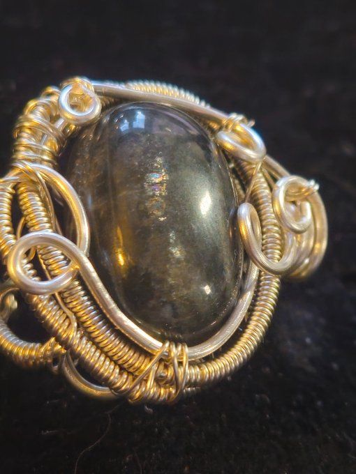 Bague Or Pierre de lune Noire Ajustable 