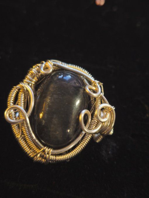Bague Or Pierre de lune Noire Ajustable 