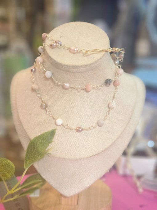 Collier deux rang  Opale Rose Harmonie Émotionnelle 38 . Artisanal 