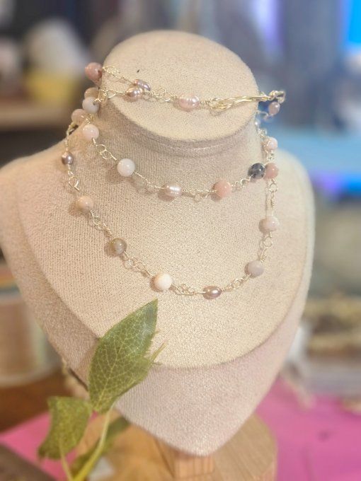Collier deux rang  Opale Rose Harmonie Émotionnelle 38 . Artisanal 