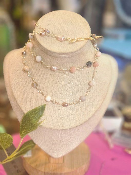 Collier deux rang  Opale Rose Harmonie Émotionnelle 38 . Artisanal 