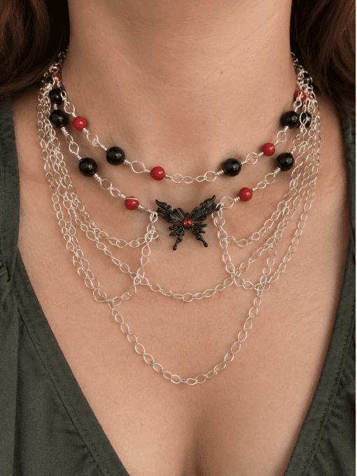 Collier fantasya : cinabre et obsidienne 