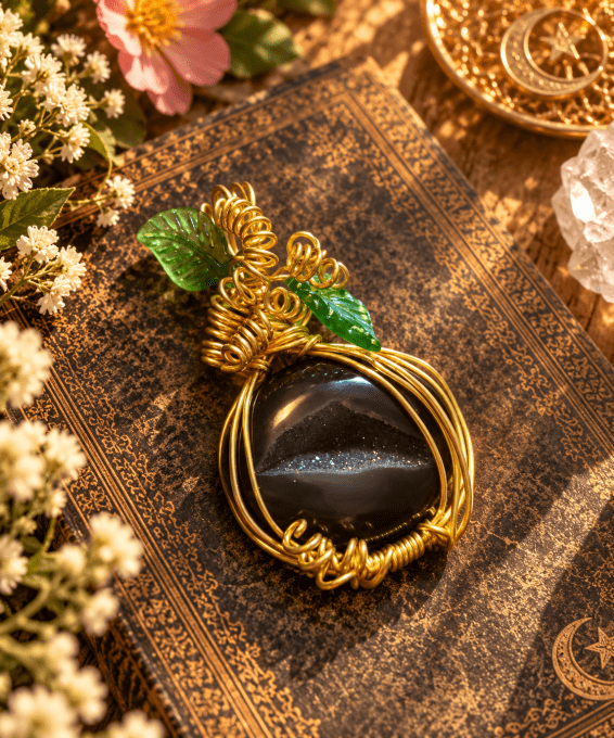 Pendentif Citrouille Onyx Noire Druzy .