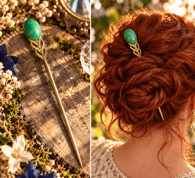 Pic à chignon chrysoprase ,calcedoine verte