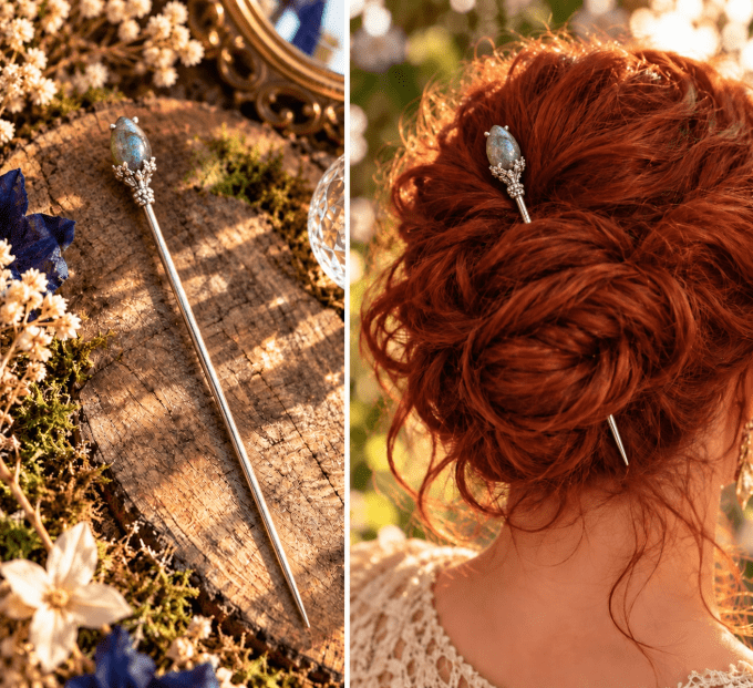 Pic à chignon labradorite paon