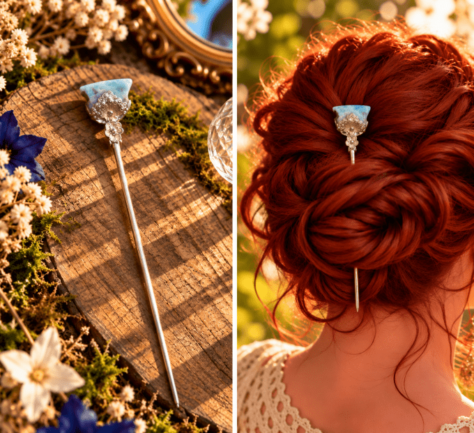 Pic à chignon Larimar | Bijou cheveux en pierre naturelle artisanale