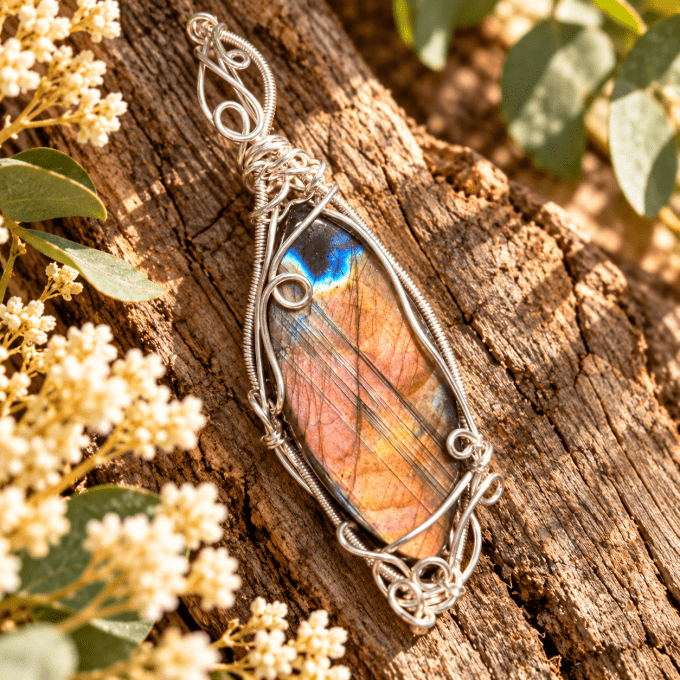 Pendentif labradorite violette Rose, pierre de protection et d’intuition.