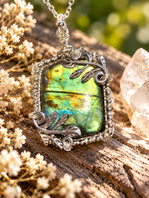 Camé Pendentif Labradorite ✨bleu vert-Confiance & protection