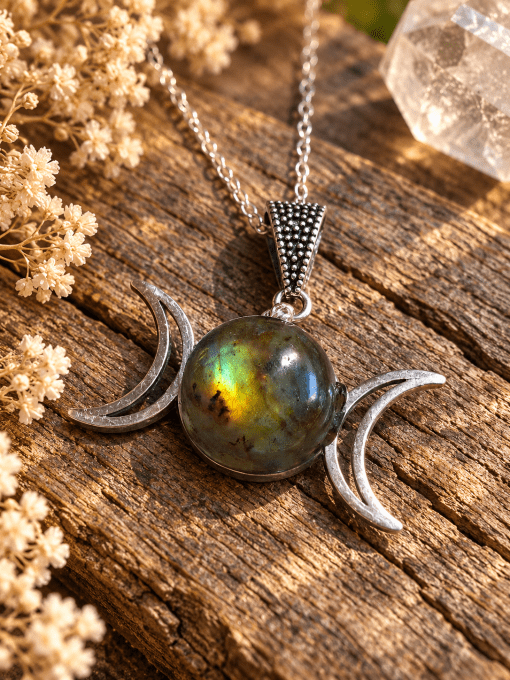 Collier Triple Lune Vert et Jaune en Pierre Naturelle | Galouve