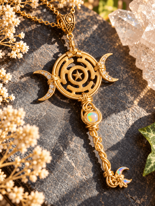 Pendentif Clé d’Hekate, strophalos et opale wello
